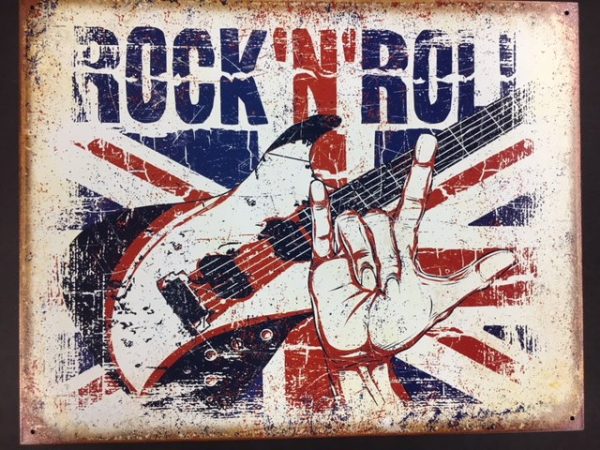 ROCK N ROLL - metal sign, red, white & blue colors (16" x 12.5") at diecastdepot