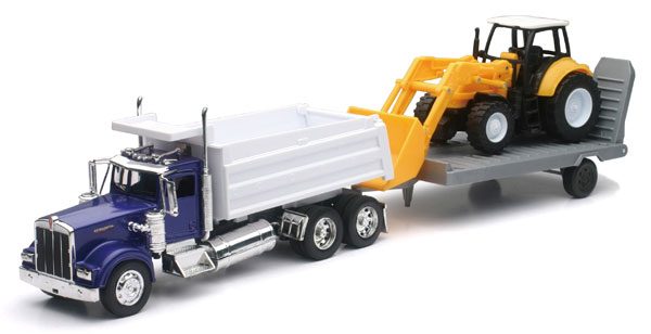 Kenworth Dump Truck with Front Loader Tractor and Flatbed Trailer at diecastdepot