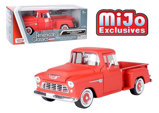 73236ac mtrd - 1955 Chevrolet 5100 Stepside Pickup (Matte Red with whitewall tires)-MiJo Exclusives - American Classics