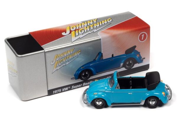 - 1975 VOLKSWAGEN SUPER BEETLE CONVERTIBLE (TOP DOWN) (MIAMI BLUE) WITH COLLECTOR TIN
