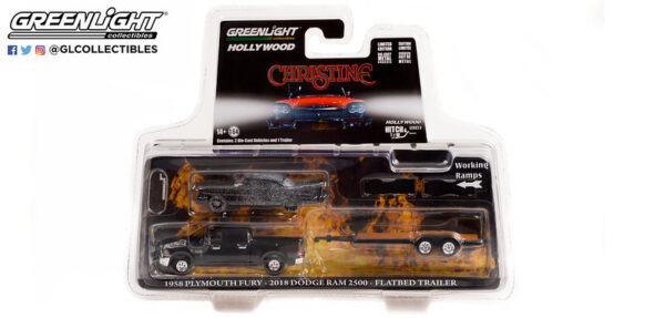 31120b - 2018 Ram 2500 with Scorched 1958 Plymouth Fury on Flatbed Trailer Christine (1983)