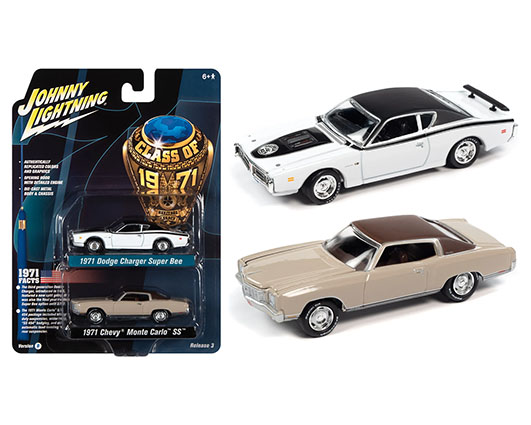 jlsp171 24b sm - 1971 Dodge Charger Super Bee White & 1971 Chevrolet Monte Carlo SS Beige 2-Packs