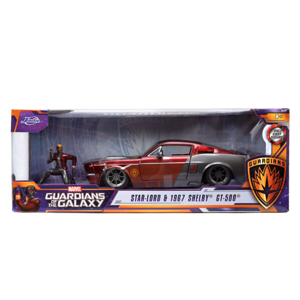 - 1967 FORD MUSTANG SHELBY GT-500 RED METALLIC AND GRAY METALLIC WITH STAR-LORD DIECAST FIGURE "GUARDIANS OF THE GALAXY" "MARVEL" SERIES
