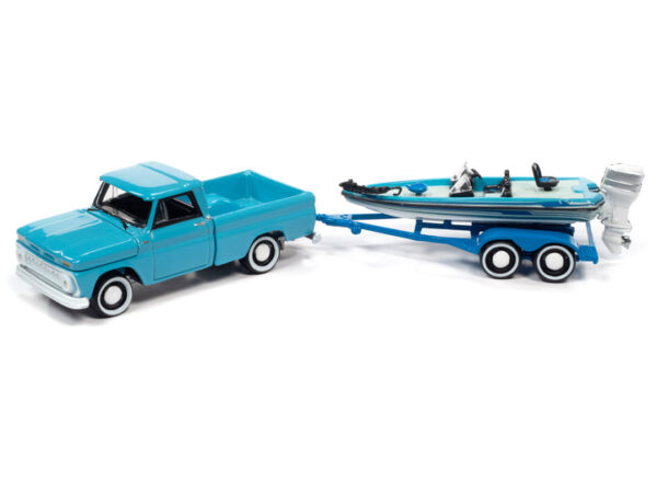 jlsp203b 1 - 1965 CHEVY STEPSIDE PICKUP TRUCK (LT. TURQUOISE, BLUES & WHITE) W/BASS BOAT AND TRAILER