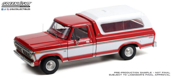 13620b - 1975 Ford F-100 Pickup in Candy Apple Red with Wimbledon White Bodyside Accent Panel and Deluxe Bed Cover