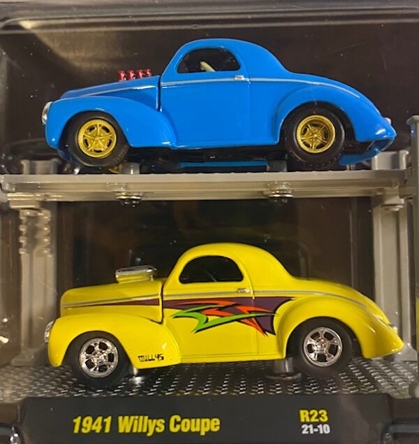 33000 23a1 - 1941 Willys Coupe in Cyanide Blue Pearl and 1941 Willys Coupe in Yellow with Auto-Lift