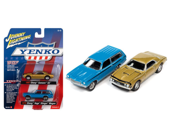 jlsp170 12b - 1967 Chevrolet Camaro SS in Gold • 1972 Chevrolet Stinger Wagon in Blue with Black Stripes
