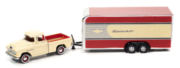 jlsp200 b - 1955 Chevy Cameo Pickup Truck in Bombay Ivory with Enclosed Car Trailer