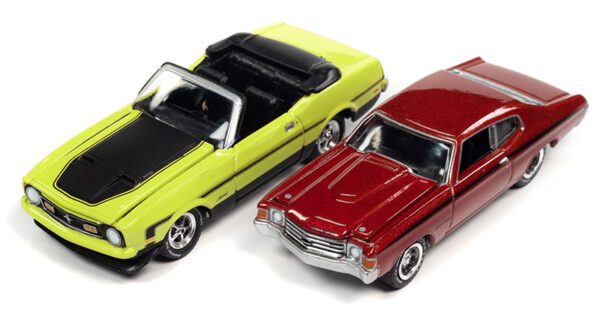 jlsp242 a - 1972 Ford Mustang Convertible in Bright Lime with Flat Black Hood & Side Stripes • 1972 Chevrolet Chevelle SS Heavy Chevy in Orange Flame with Heavy Chevy Emblem & Black Side Stripe
