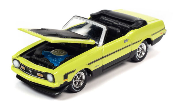 jlsp242a1 - 1972 Ford Mustang Convertible in Bright Lime with Flat Black Hood & Side Stripes • 1972 Chevrolet Chevelle SS Heavy Chevy in Orange Flame with Heavy Chevy Emblem & Black Side Stripe