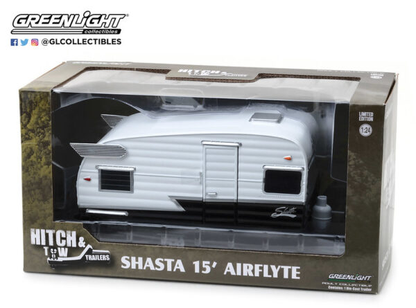 18440b 6 - SHASTA 15' SIRFLYTE - HITCH AND TOWN TRAILERS SERIES 4 IN 1:24 SCALE - BLACK AND WHITE