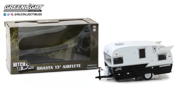 18440b 8 - SHASTA 15' SIRFLYTE - HITCH AND TOWN TRAILERS SERIES 4 IN 1:24 SCALE - BLACK AND WHITE