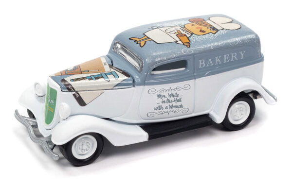 jlsp266 - Vintage Clue - 1933 Ford Delivery in Flat White and Light Blue - Mrs.White, Hall, and Wrench Graphics, with Poker Chip