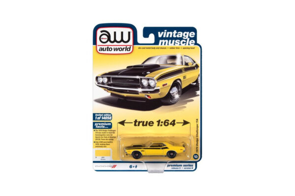 aw64342a6 1 - 1970 Dodge Challenger T/A in FY1 Banana with Flat Black Hood & Black T/A Side Stripes