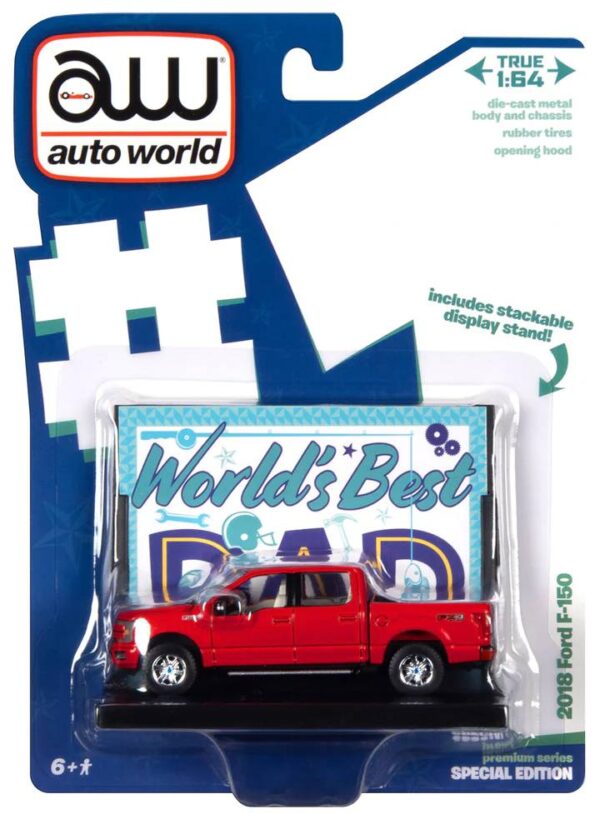 awac017b - WORLDS BEST DAD 2018 FORD F150 LARIAT PICKUP TRUCK W/BASE & TRADING CARD (RED)