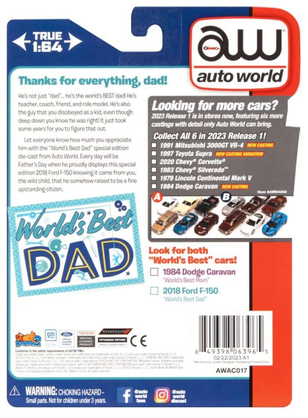 awac017b6 - WORLDS BEST DAD 2018 FORD F150 LARIAT PICKUP TRUCK W/BASE & TRADING CARD (RED)
