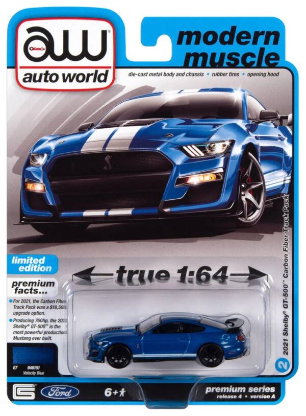 awsp114a1 - 2021 Shelby GT500 - Carbon Edition in Velocity Blue with Twin White Stripes on Hood, Roof, Trunk and Lower Rockers