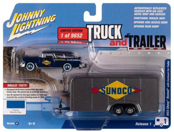 jlsp307b1 - 1955 Chevrolet Nomad with Enclosed Trailer in Blue and White - Sunoco