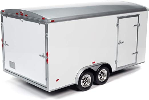 amm1238a - Four Wheel Enclosed Car Trailer White with Silver Top for 1/18 Scale Model Cars by Autoworld
