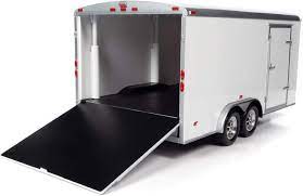 amm1238c - Four Wheel Enclosed Car Trailer White with Silver Top for 1/18 Scale Model Cars by Autoworld