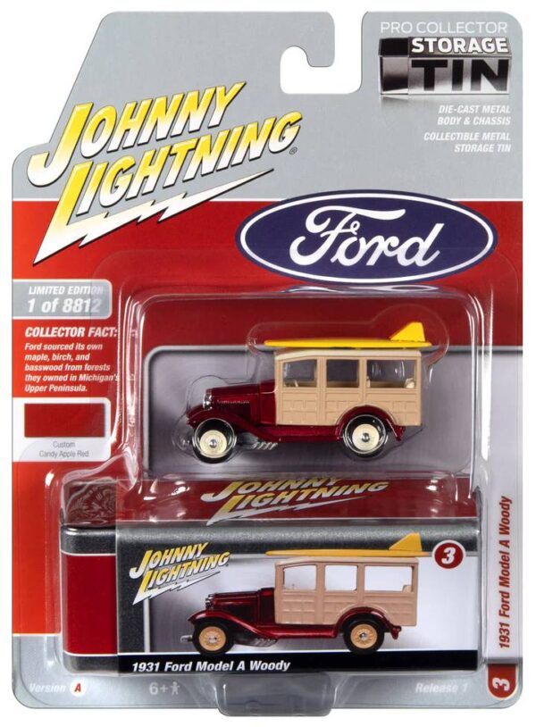 jlct011a3 1 - 1931 FORD MODEL A WOODY (CANDY APPLE RED) WITH COLLECTOR TIN - JOHNNY LIGHTNING