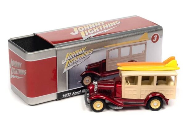 jlct011a3 2 - 1931 FORD MODEL A WOODY (CANDY APPLE RED) WITH COLLECTOR TIN - JOHNNY LIGHTNING