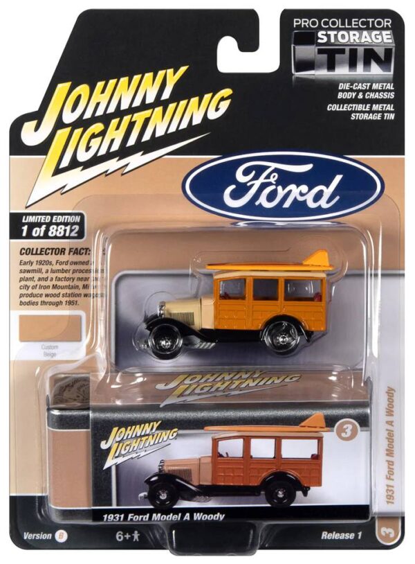 jlct011b3 3 - 1931 FORD MODEL A WOODY (BEIGE) WITH COLLECTOR TIN - JOHNNY LIGHTNING