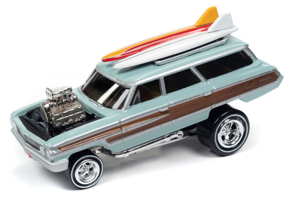 jlsp293 b - 1964 Ford Country Squire in Light Blue and Wood Paneling with Surfboards