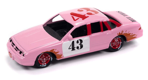 jlsp296 a - 1997 Ford Crown Victoria in Cotton Candy Pink with Derby Graphics- Demolition Derby