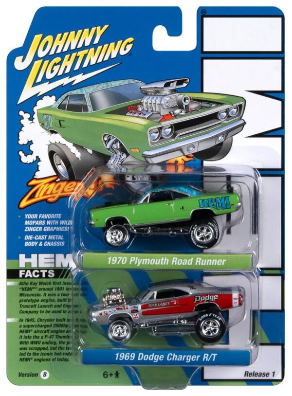jlsp318b 1 - Hemi Zinger 1970 Plymouth Road Runner (Bright Green with Flower Mod Top & Black Hood Stripe) 1969 Dodge Charger R/T (Silver with Red & Blue Stripes + Dick Landy Graphics)
