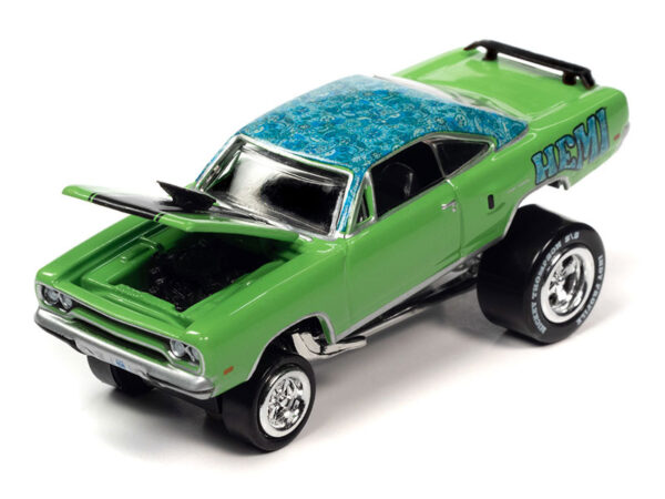 v1 jlsp318 b - Hemi Zinger 1970 Plymouth Road Runner (Bright Green with Flower Mod Top & Black Hood Stripe) 1969 Dodge Charger R/T (Silver with Red & Blue Stripes + Dick Landy Graphics)