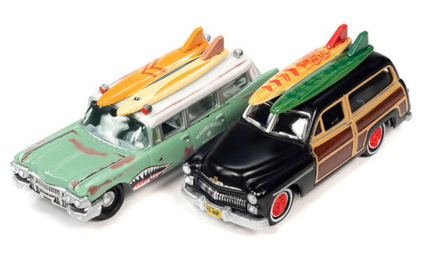 jlsp343 a - 1950 Mercury Woody Wagon in Black and Woody • 1959 Cadillac Ambulance in Teal and Surf Shark