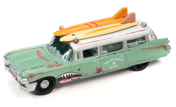 jlsp343 a1 - 1950 Mercury Woody Wagon in Black and Woody • 1959 Cadillac Ambulance in Teal and Surf Shark