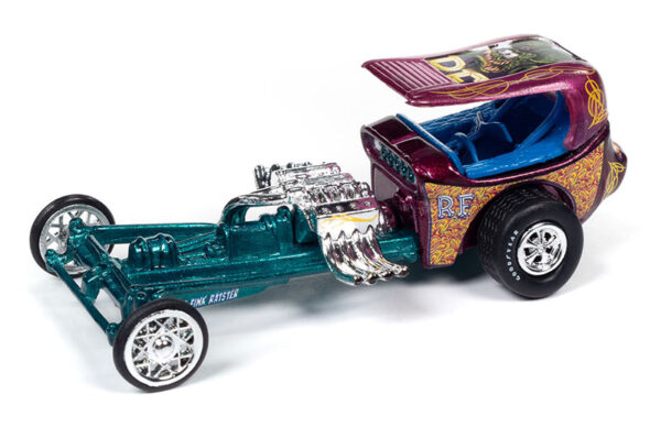 jlsp345 - RAT FINK - Dragster in Green and Fuscia Metal Flake