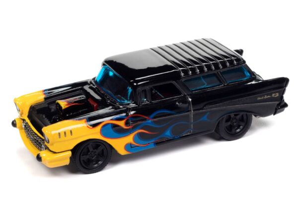 jlsf026a4 - 1957 Chevrolet Nomad (Black with Flames) (Gloss Black w/Yellow & Blue Flames)